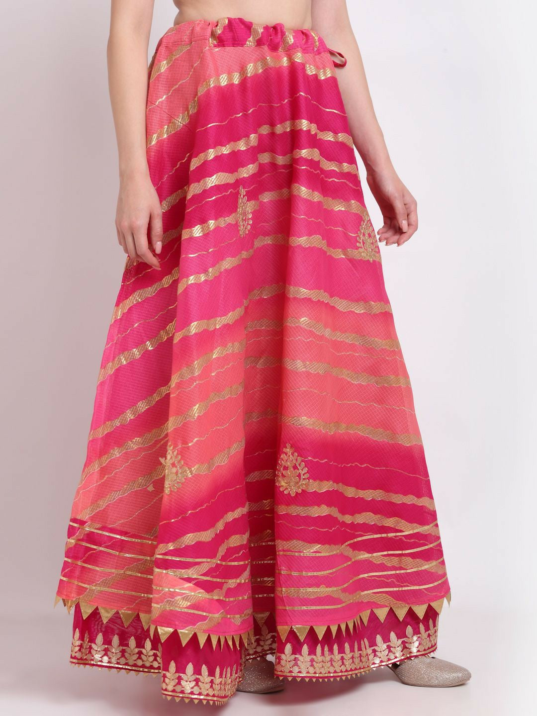 Vintage Bohemian Pink Printed Maxi Skirt for Women | Handcrafted Kota Doriya Gota Patti Work