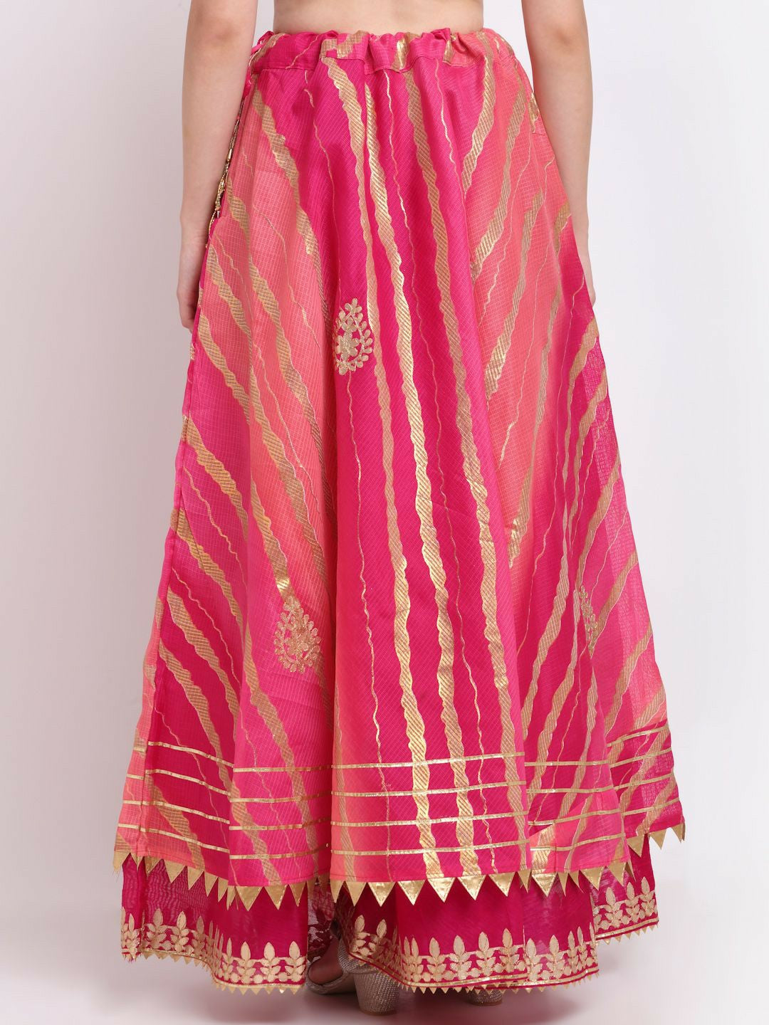 Vintage Bohemian Pink Printed Maxi Skirt for Women | Handcrafted Kota Doriya Gota Patti Work