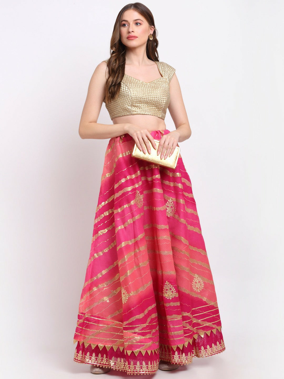 Vintage Bohemian Pink Printed Maxi Skirt for Women | Handcrafted Kota Doriya Gota Patti Work
