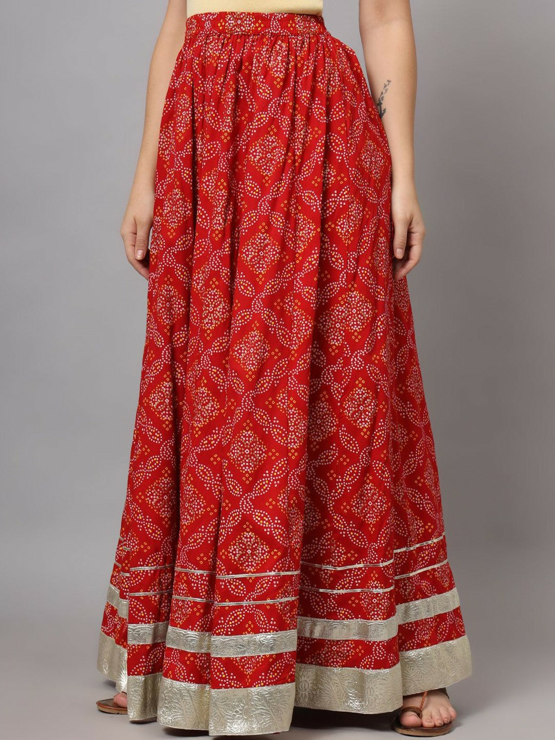 Vintage Bohemian Red Printed Flared Maxi Skirt for Women | Elastic Waistband Boho Style