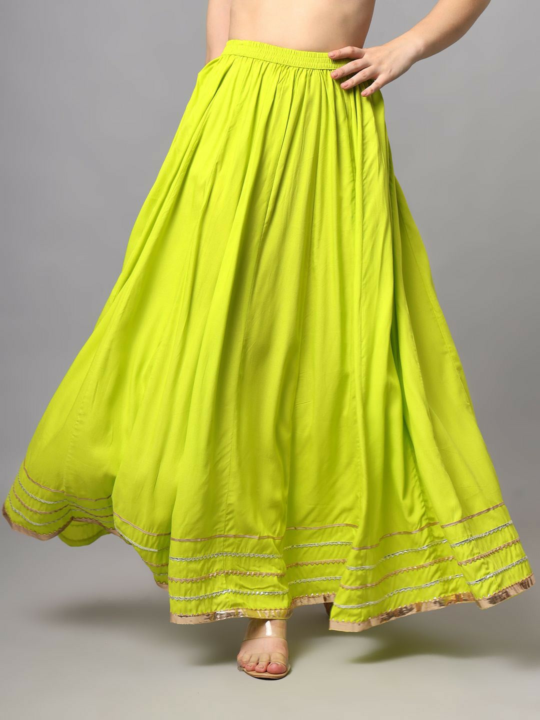Vintage Bohemian Green Embellished Flared Maxi Skirt for Women | Boho Style with Elastic Waistband