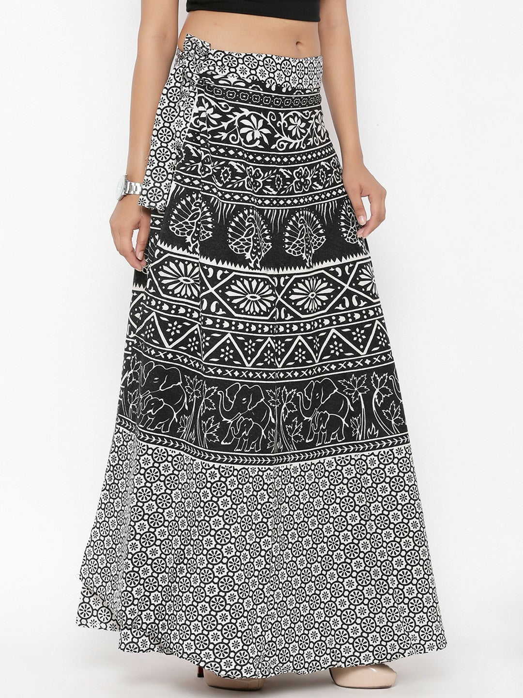 Black & White Ethnic Print Wrap-Around Maxi Skirt | Vintage Bohemian Boho Style for Women