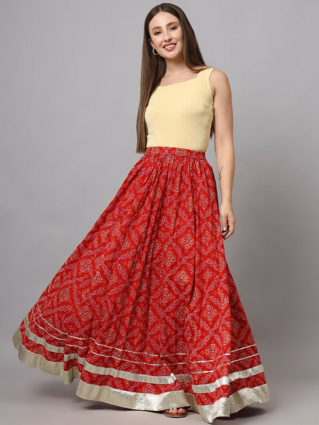 Vintage Bohemian Red Printed Flared Maxi Skirt for Women | Elastic Waistband Boho Style
