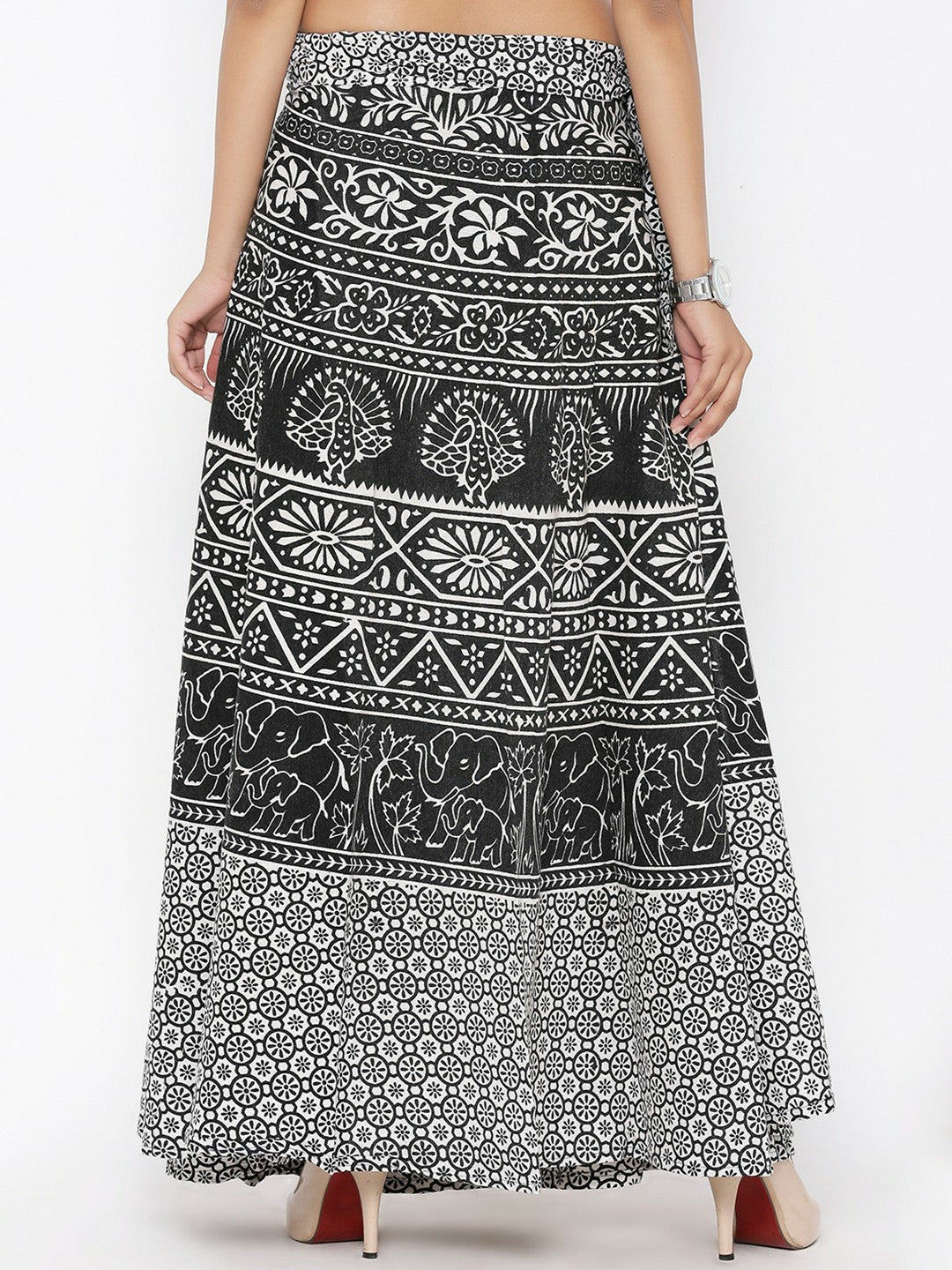 Black & White Ethnic Print Wrap-Around Maxi Skirt | Vintage Bohemian Boho Style for Women