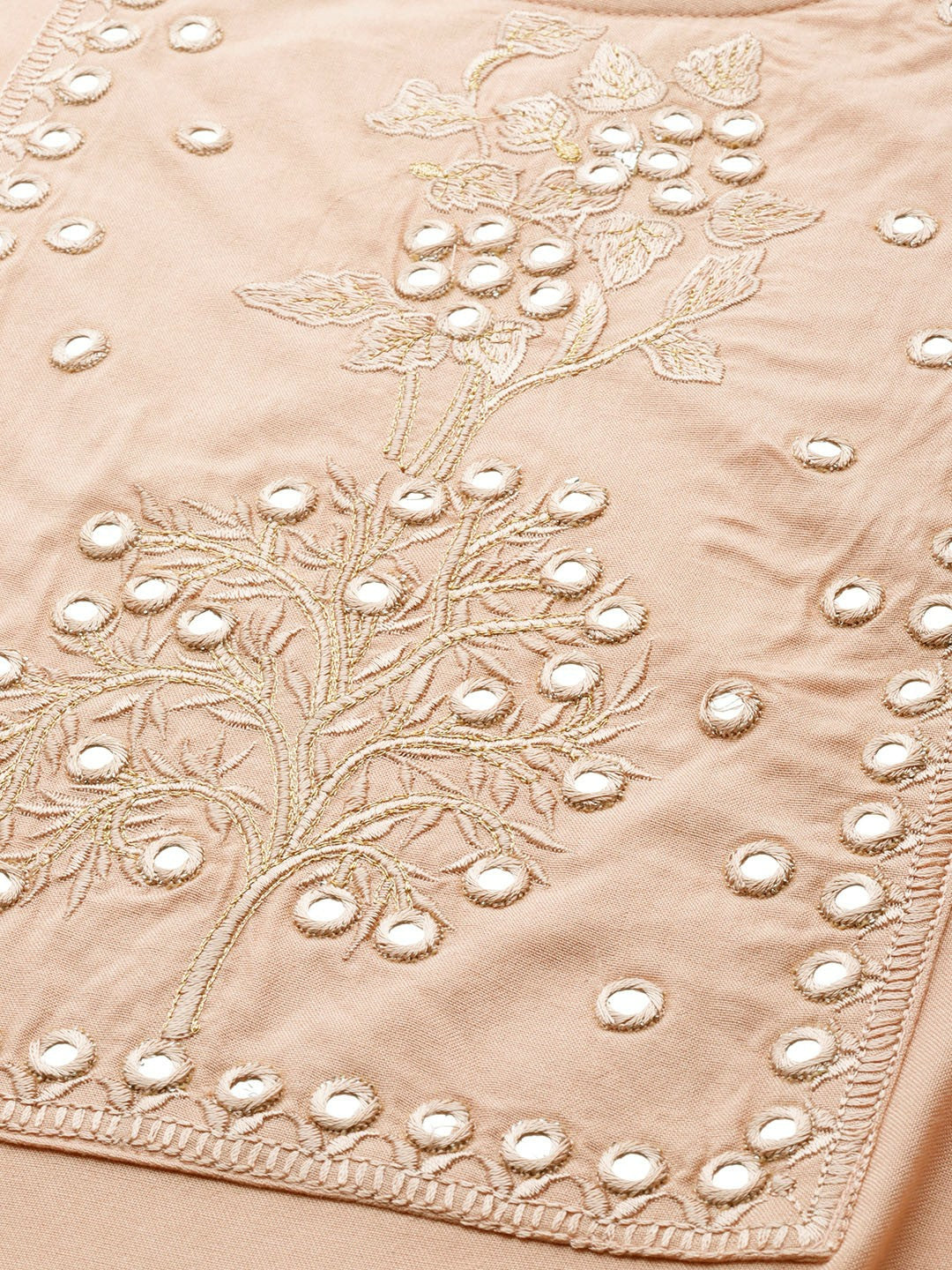 Women Peach-Coloured Yoke Design Mirror-Work Kurta Set with Palazzos & Dupatta | Indiaista