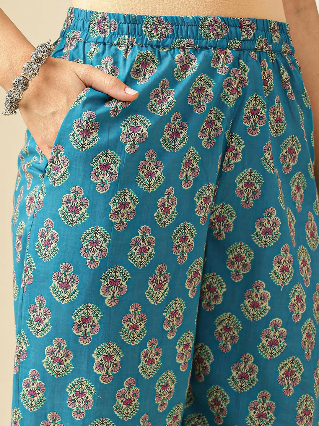 Women Floral Printed Pure Cotton Kurta Set with Trousers & Dupatta - Blue | Indiaista