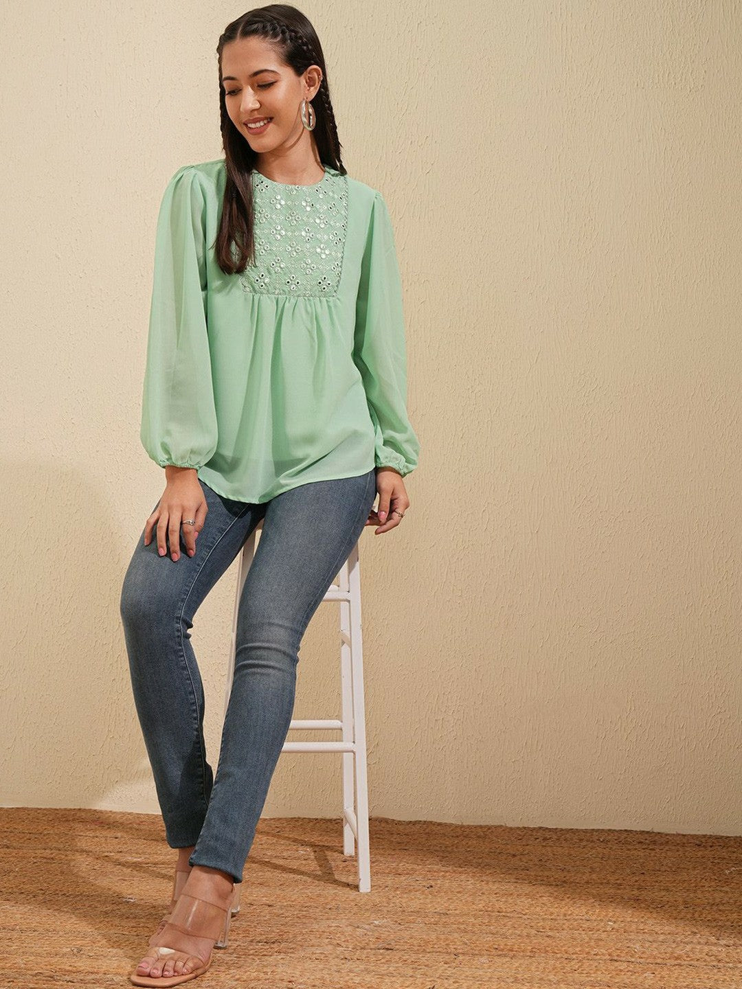 Sea Green Embroidered Ethnic Top for Women – Round Neck, Bishop Sleeves | Indiaista