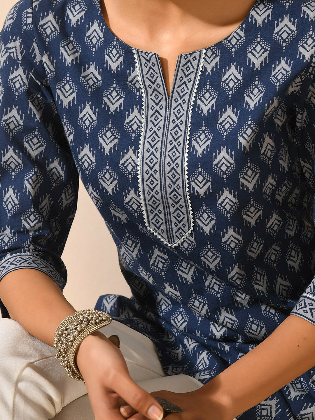 Blue & Grey Ethnic Motif Printed Cotton Tunic for Women – Round Neck, 3/4 Sleeves | Indiaista