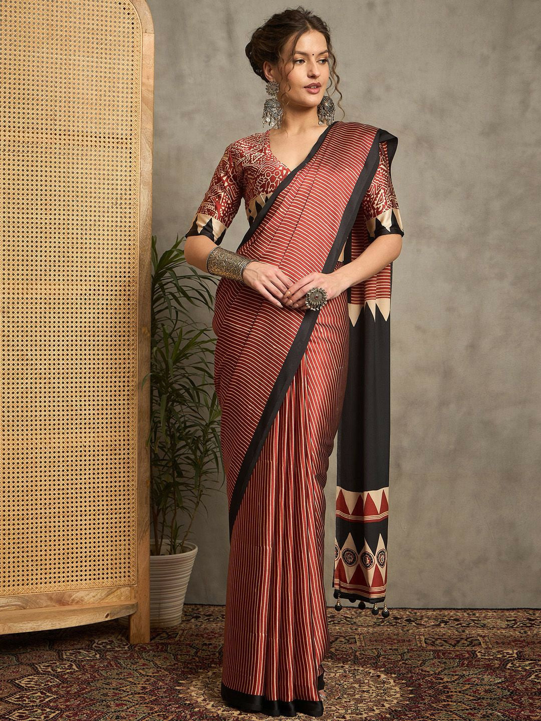 Maroon & Black Block Print Striped Saree with Solid Border