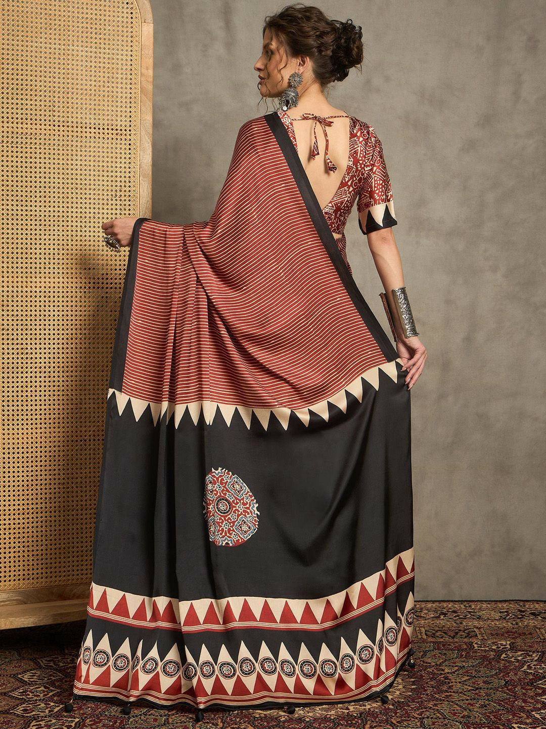Maroon & Black Block Print Striped Saree with Solid Border