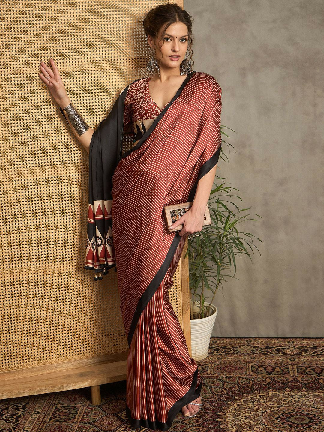 Maroon & Black Block Print Striped Saree with Solid Border