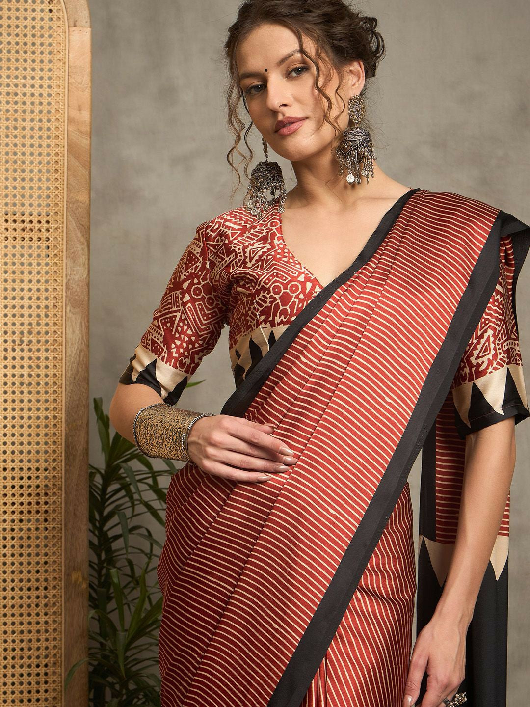 Maroon & Black Block Print Striped Saree with Solid Border