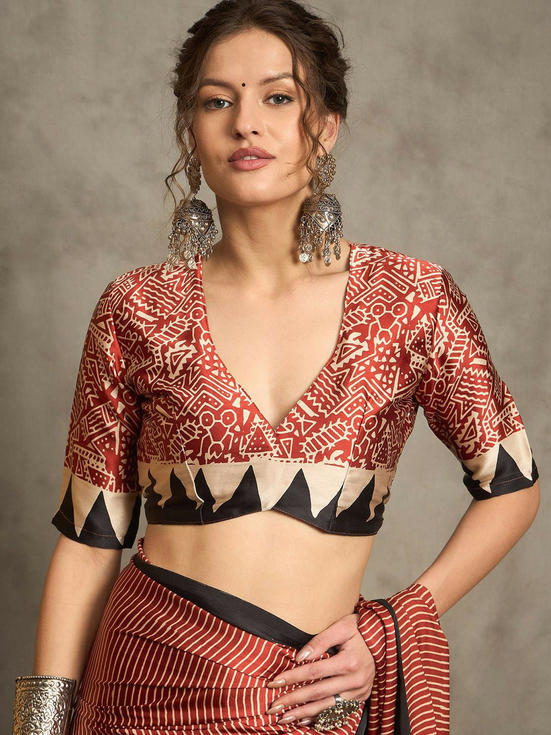 Maroon & Black Block Print Striped Saree with Solid Border