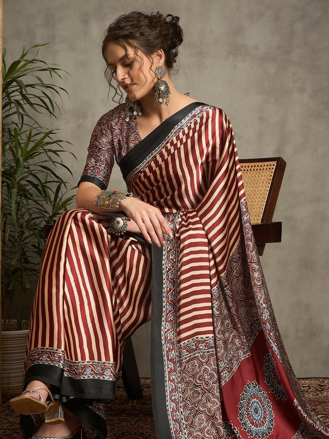Maroon & Red Striped Block Print Saree with Solid Border