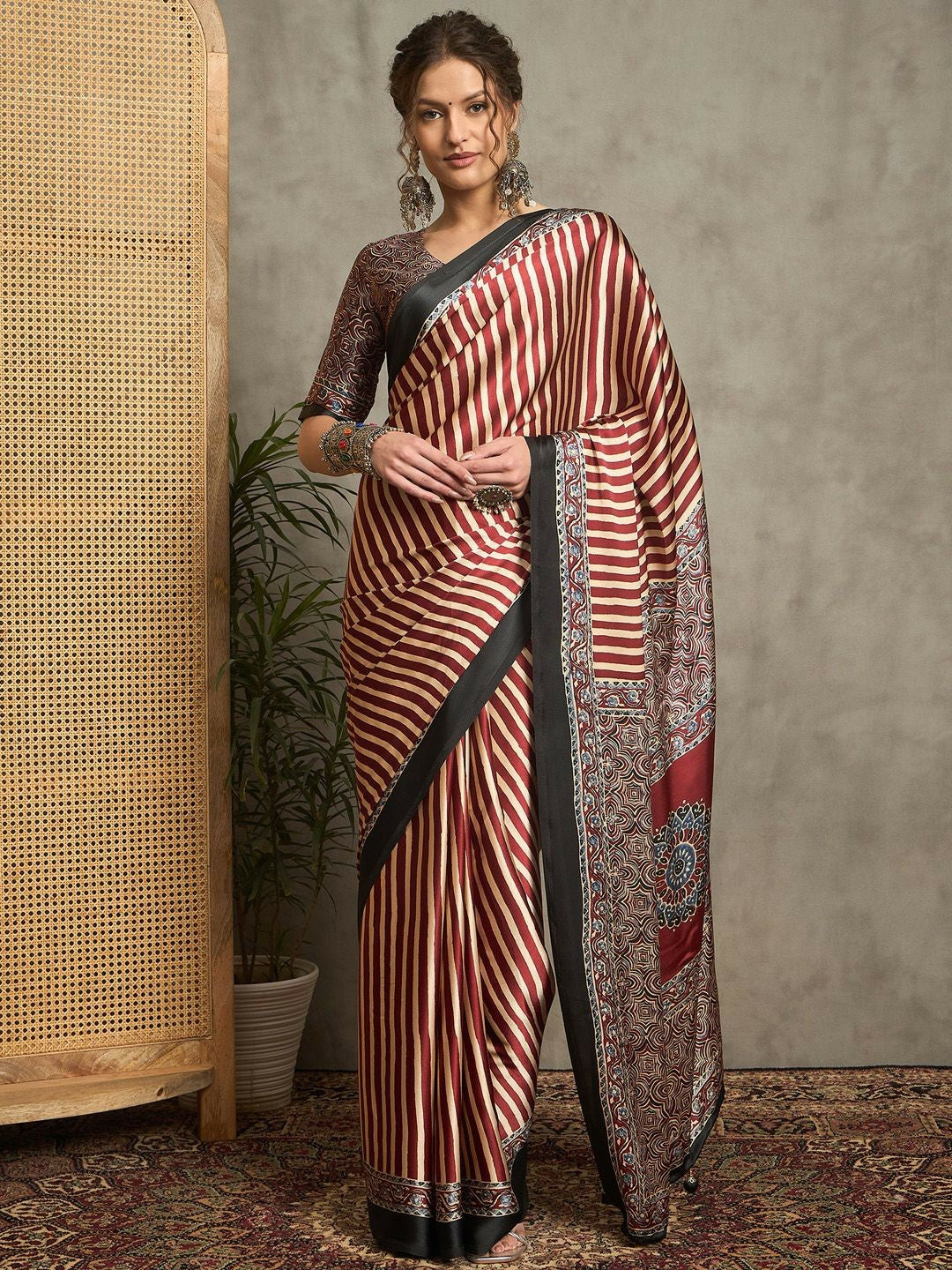 Maroon & Red Striped Block Print Saree with Solid Border