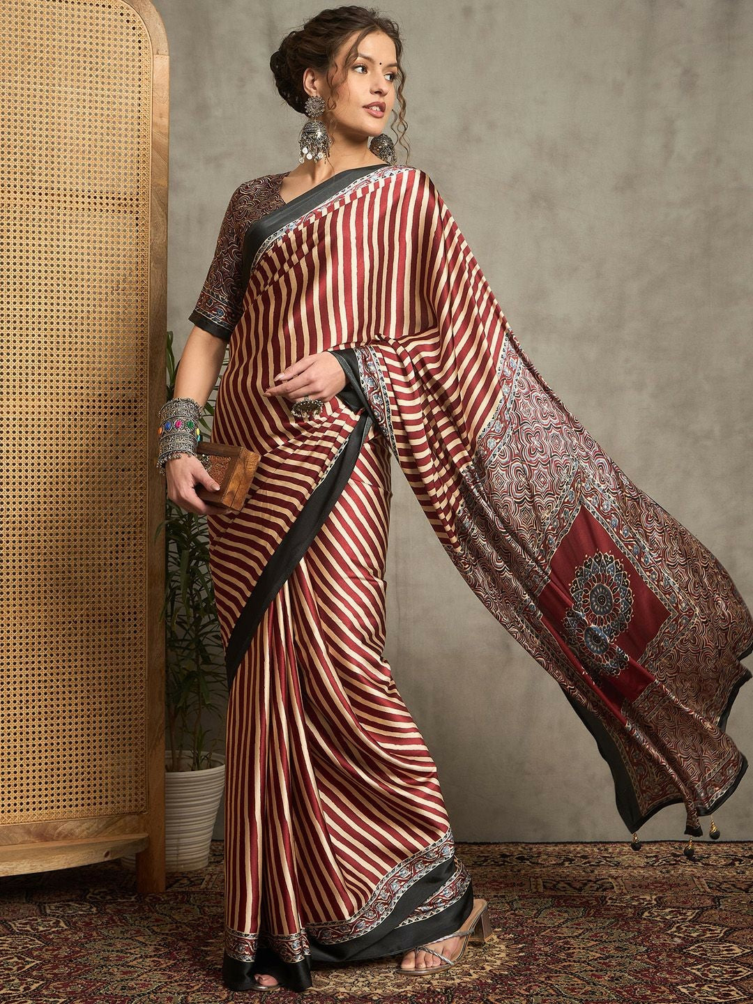 Maroon & Red Striped Block Print Saree with Solid Border