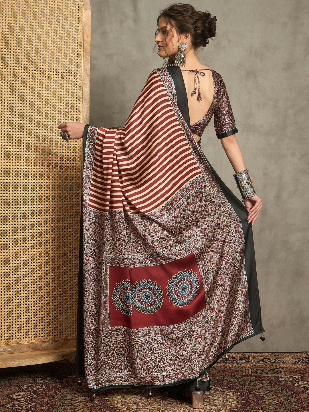 Maroon & Red Striped Block Print Saree with Solid Border