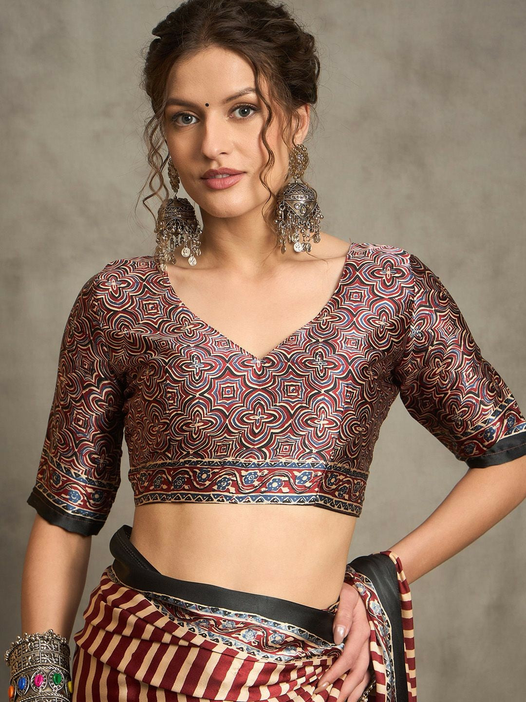 Maroon & Red Striped Block Print Saree with Solid Border