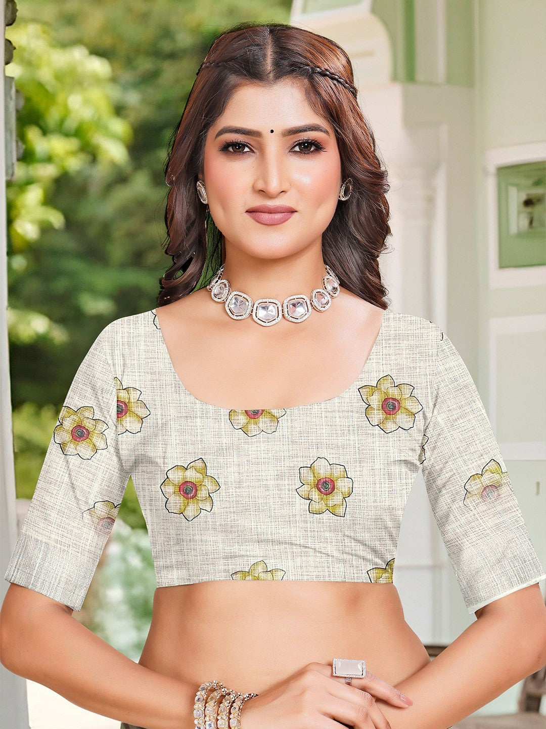 Off-White and Yellow Floral Print Saree with Contrast Border