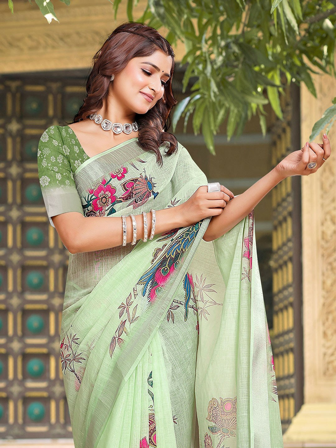 Green Floral Saree with Woven Border