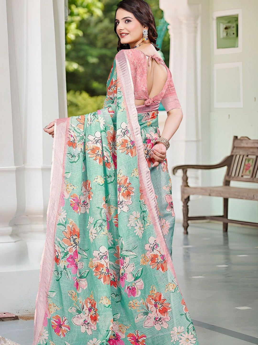 Sea Green Floral Saree with Zari Woven Border