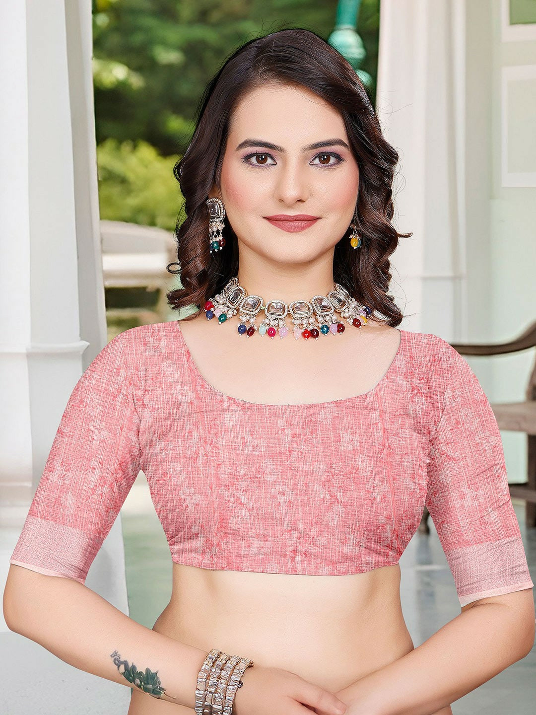 Sea Green Floral Saree with Zari Woven Border