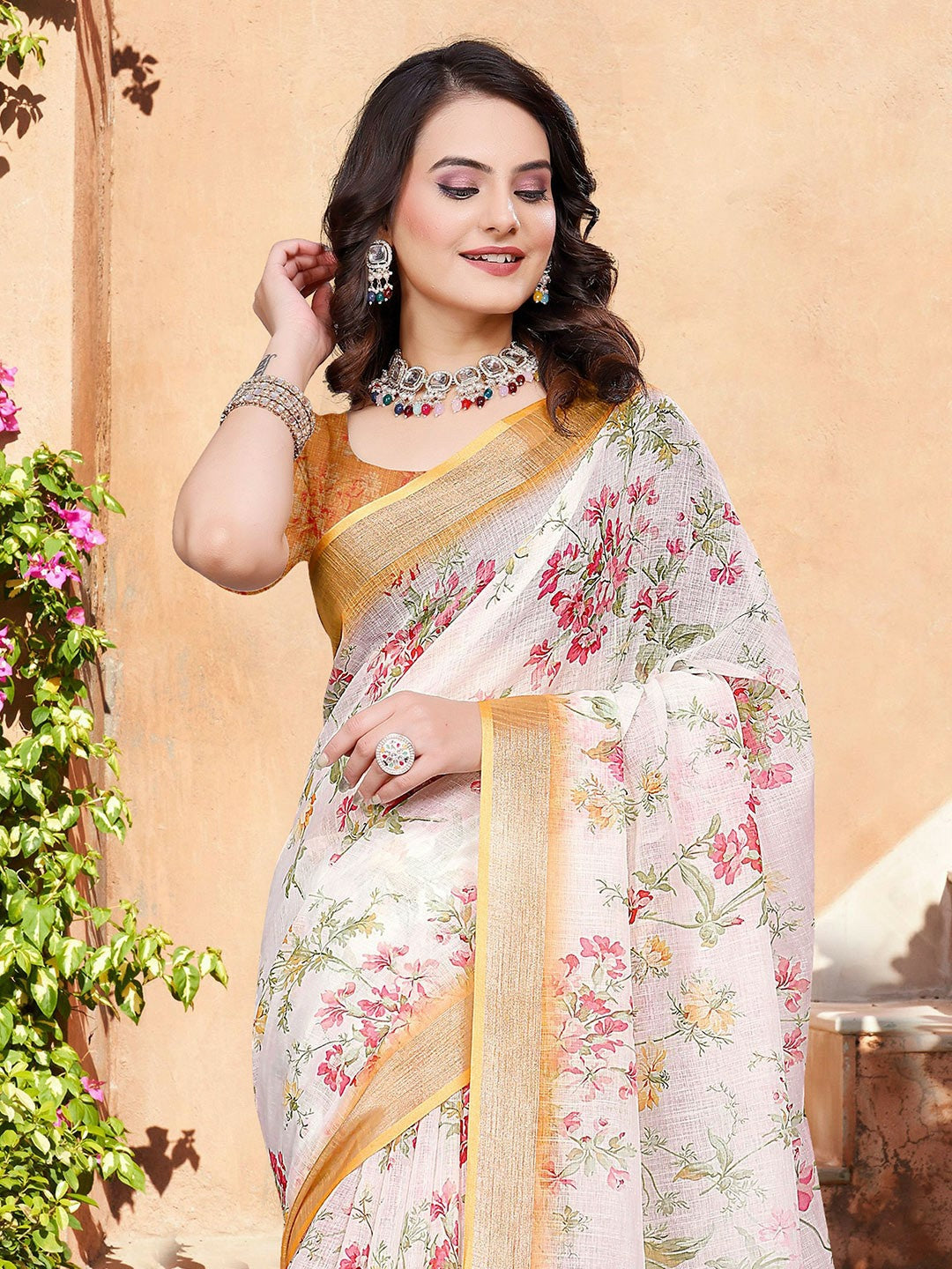 White & Pink Floral Printed Saree with Woven Border