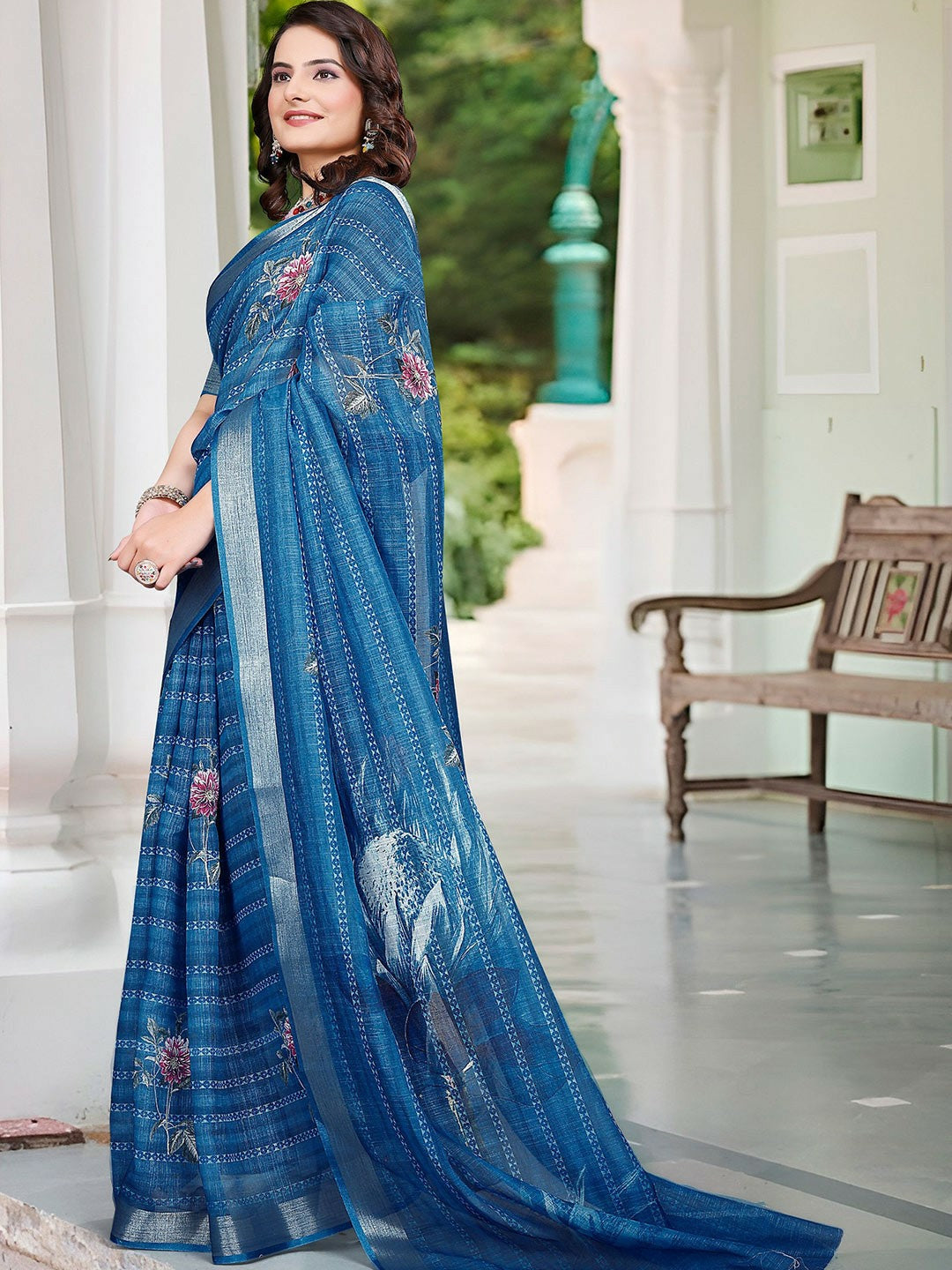 Teal & Silver Floral Printed Saree with Zari Border