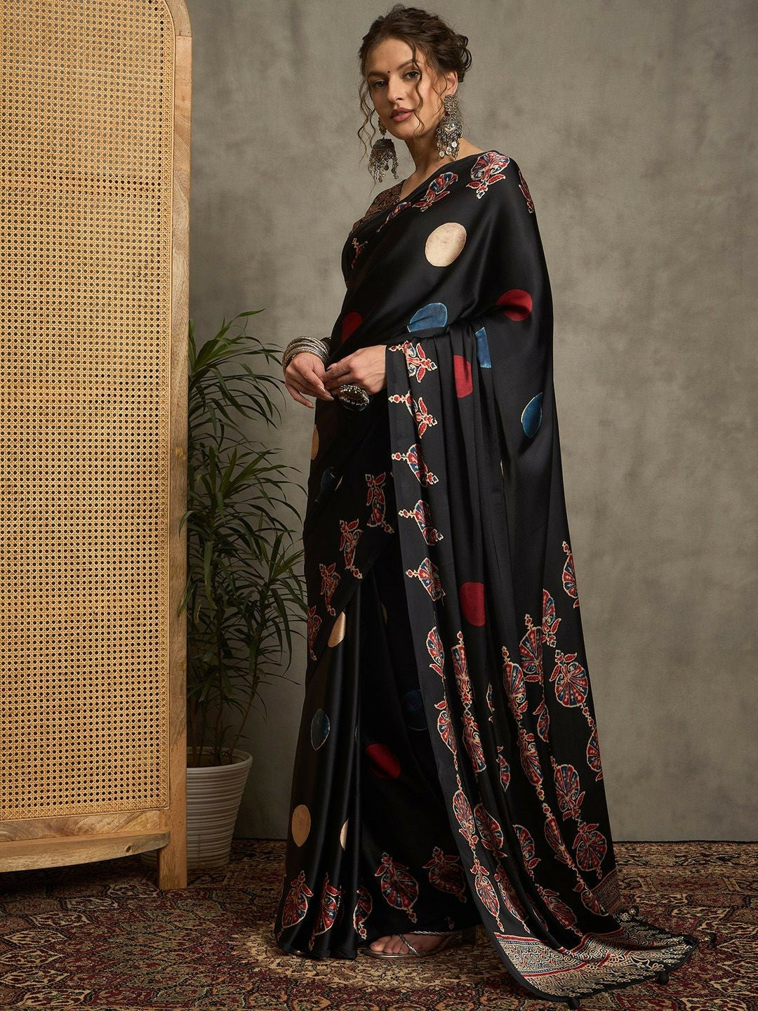 Black & Red Geometric Printed Saree with Printed Border