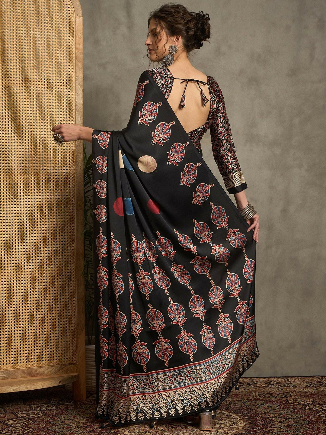 Black & Red Geometric Printed Saree with Printed Border