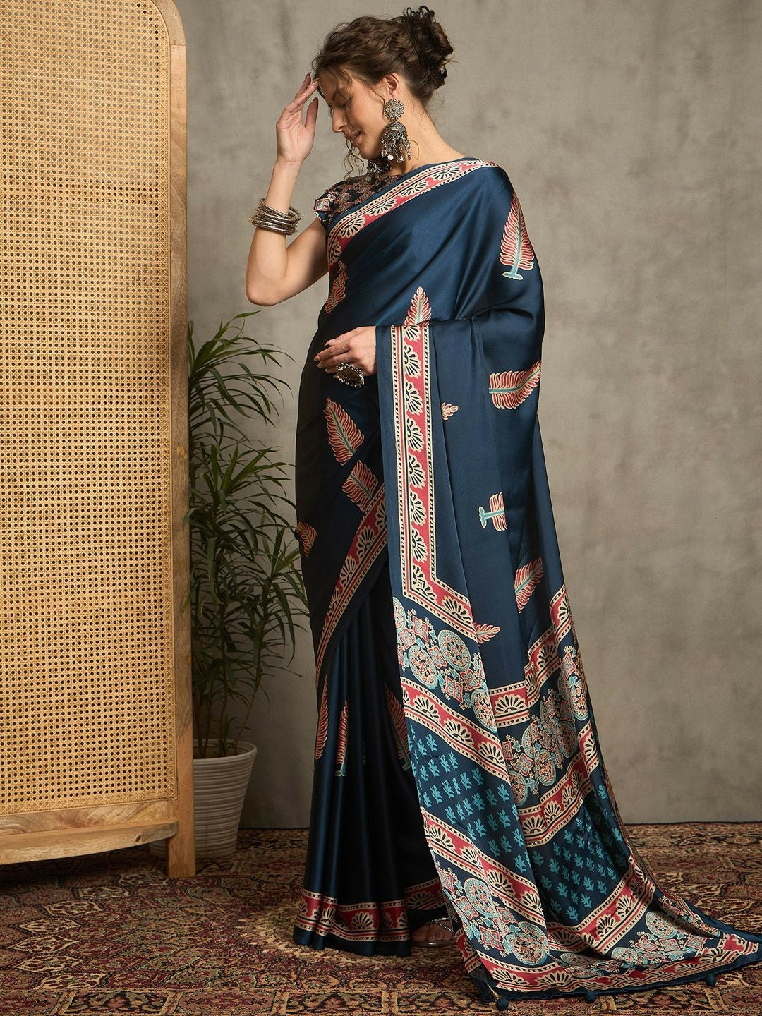 Teal & Red Block Print Saree with Ethnic Motifs and Printed Border