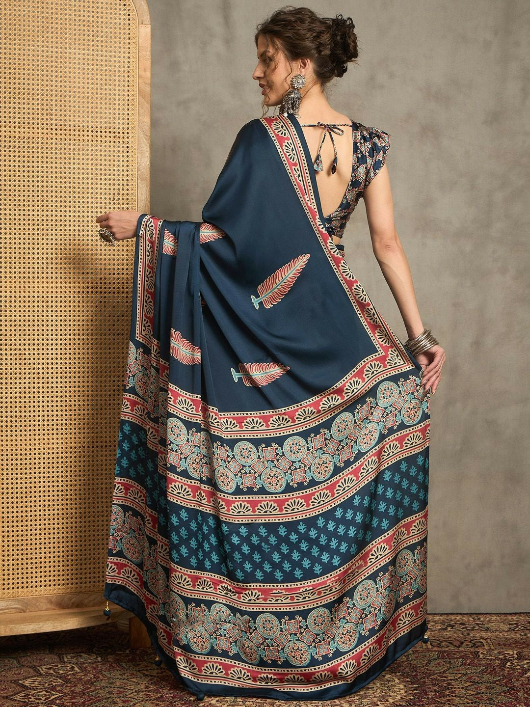Teal & Red Block Print Saree with Ethnic Motifs and Printed Border