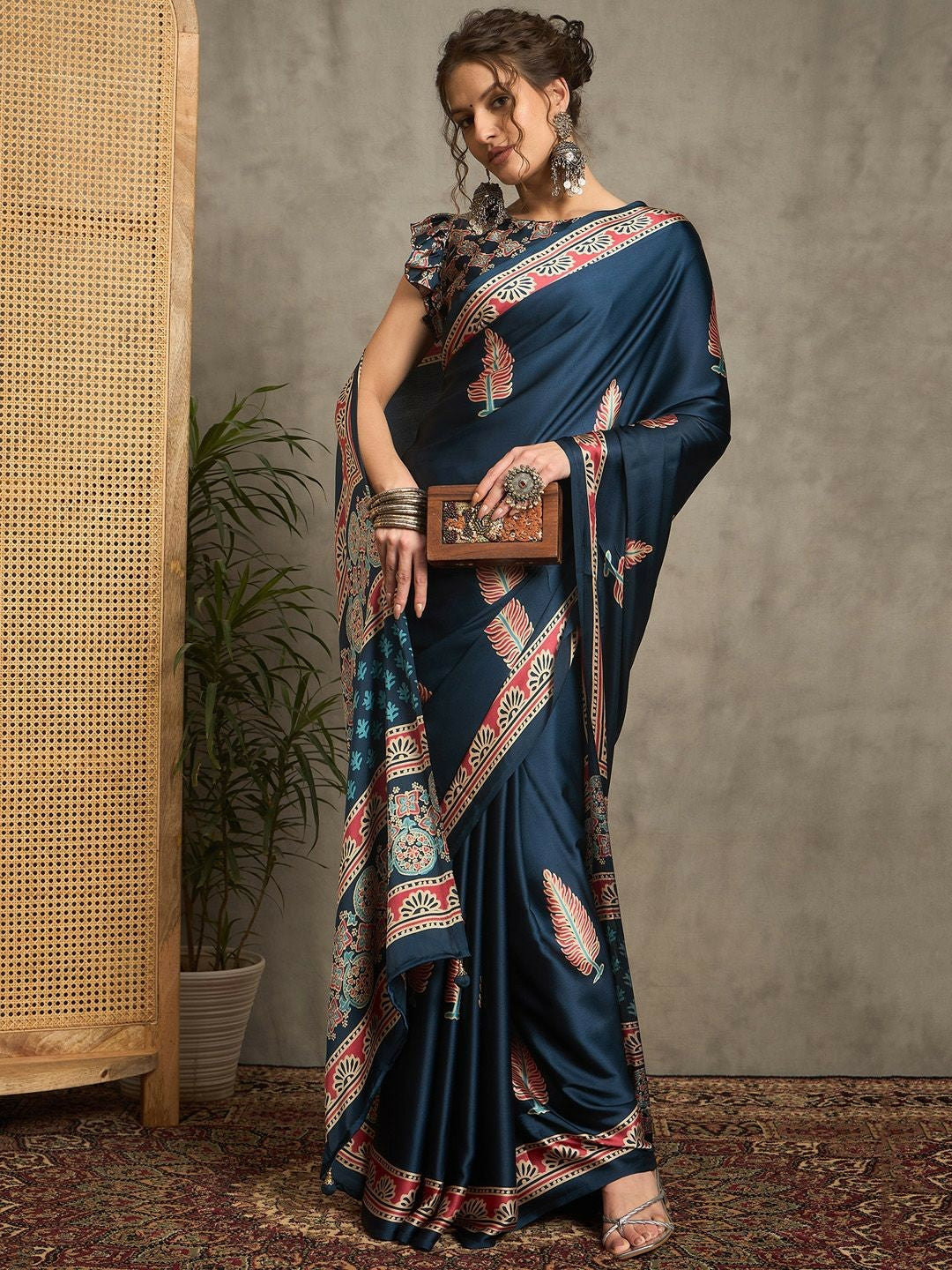 Teal & Red Block Print Saree with Ethnic Motifs and Printed Border
