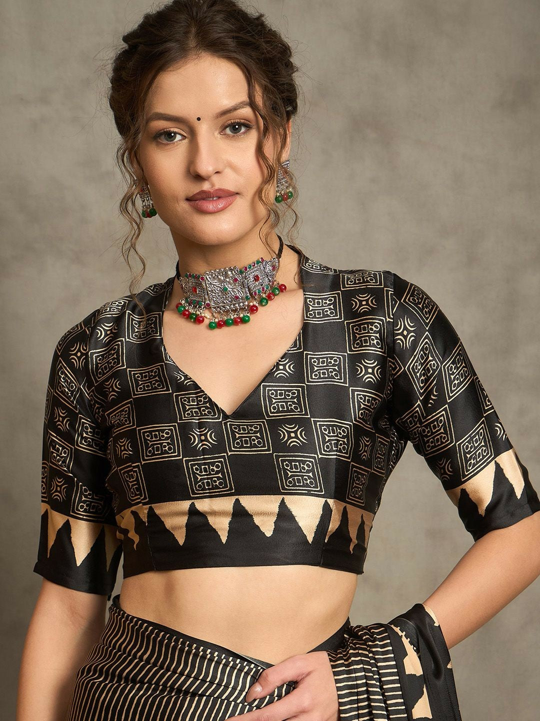 Black & Gold Striped Block Print Saree with Solid Border