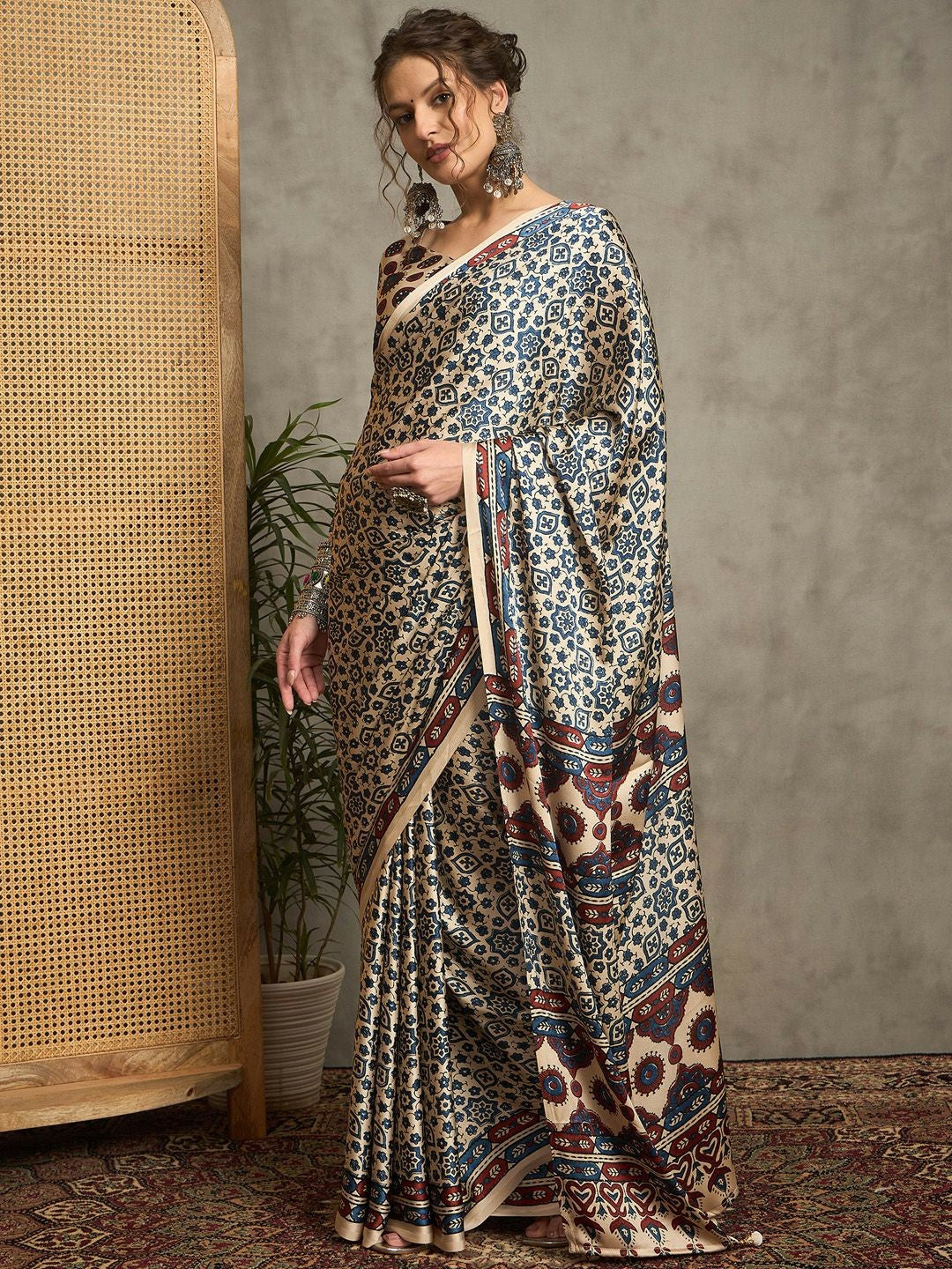 Cream & Black Ajrak Block Print Saree with Solid Border