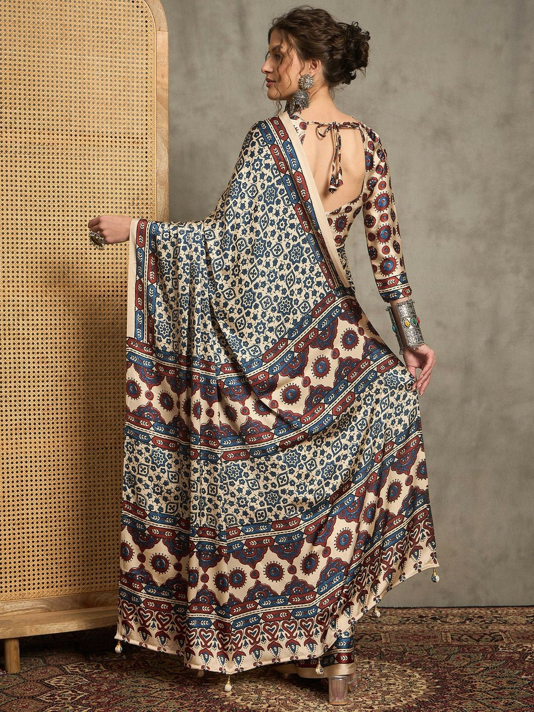 Cream & Black Ajrak Block Print Saree with Solid Border