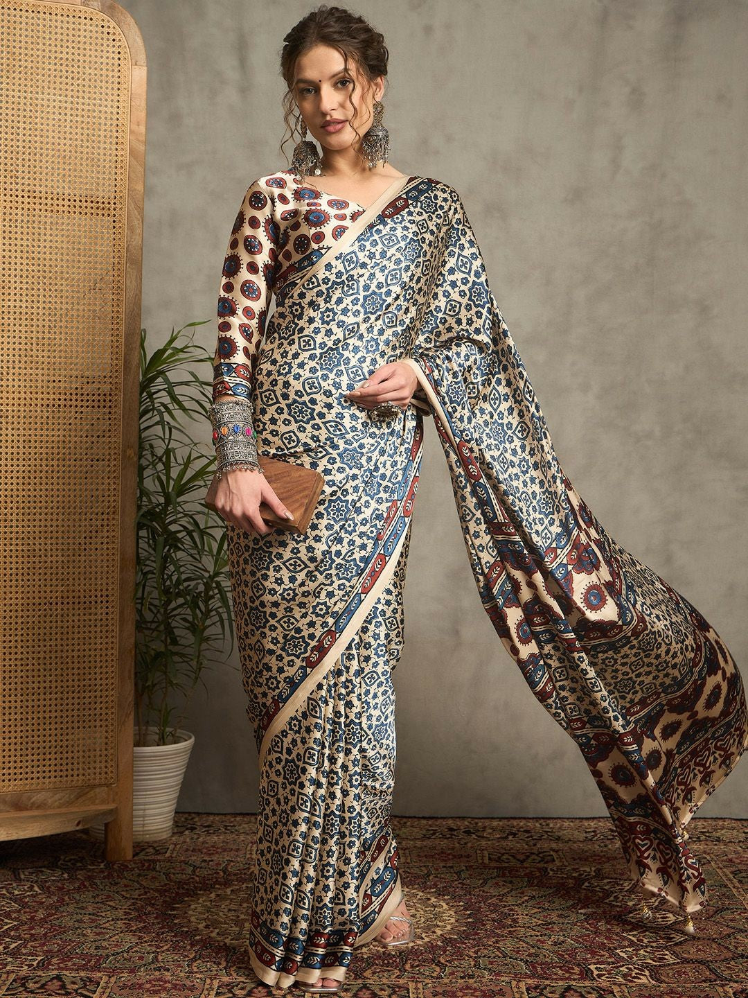 Cream & Black Ajrak Block Print Saree with Solid Border