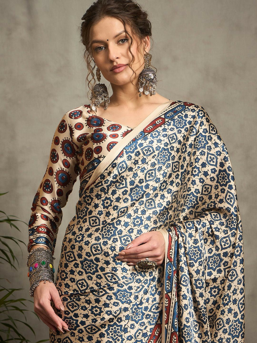 Cream & Black Ajrak Block Print Saree with Solid Border