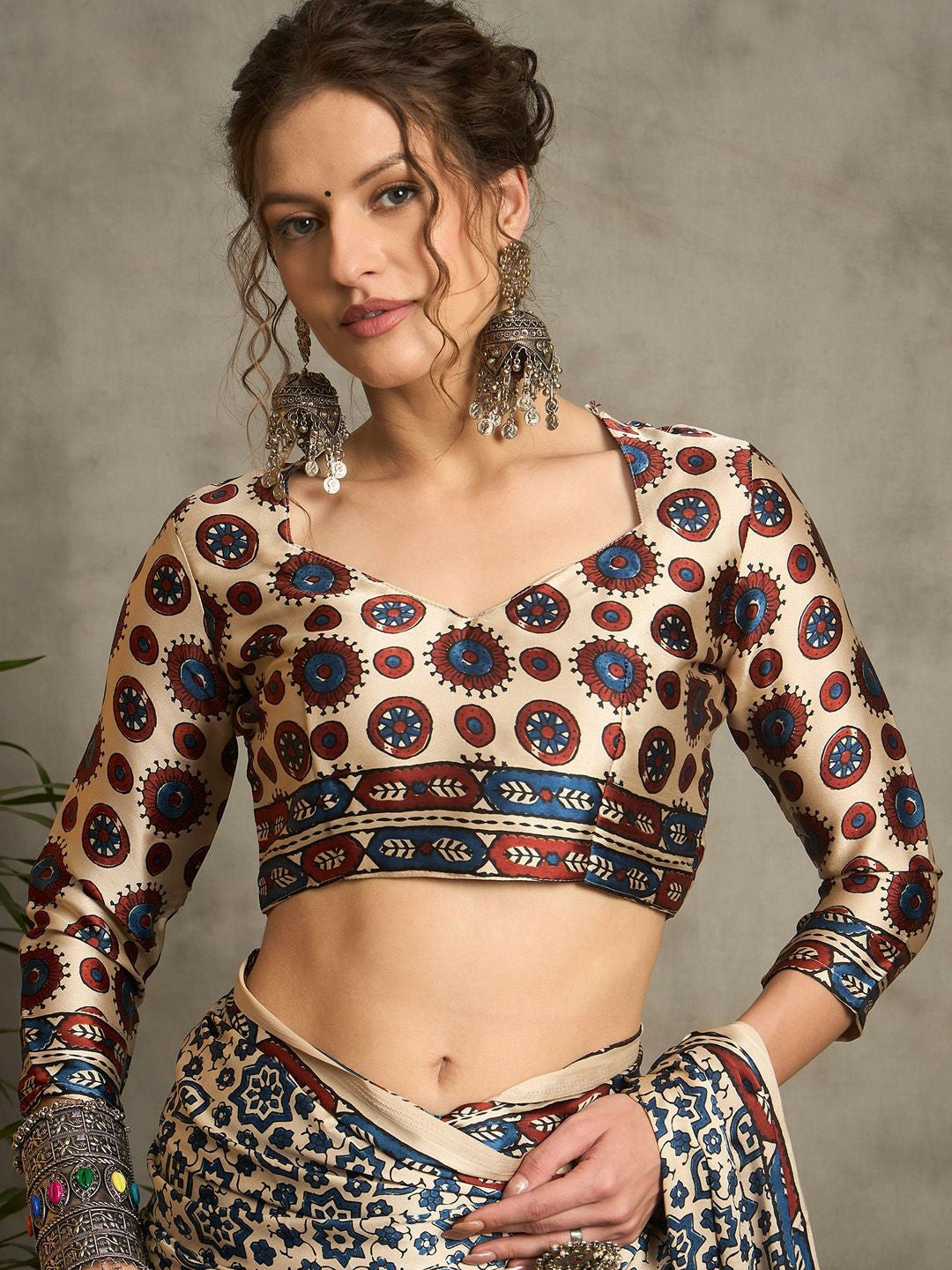 Cream & Black Ajrak Block Print Saree with Solid Border