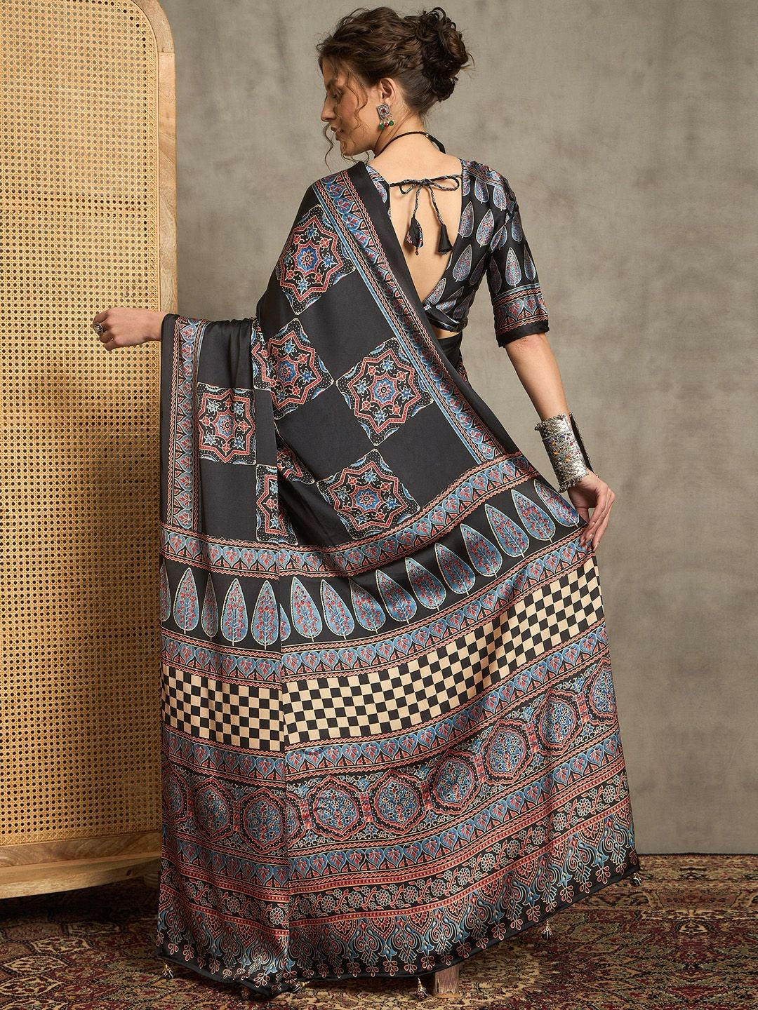 Black & Red Block Print Saree with Solid Border