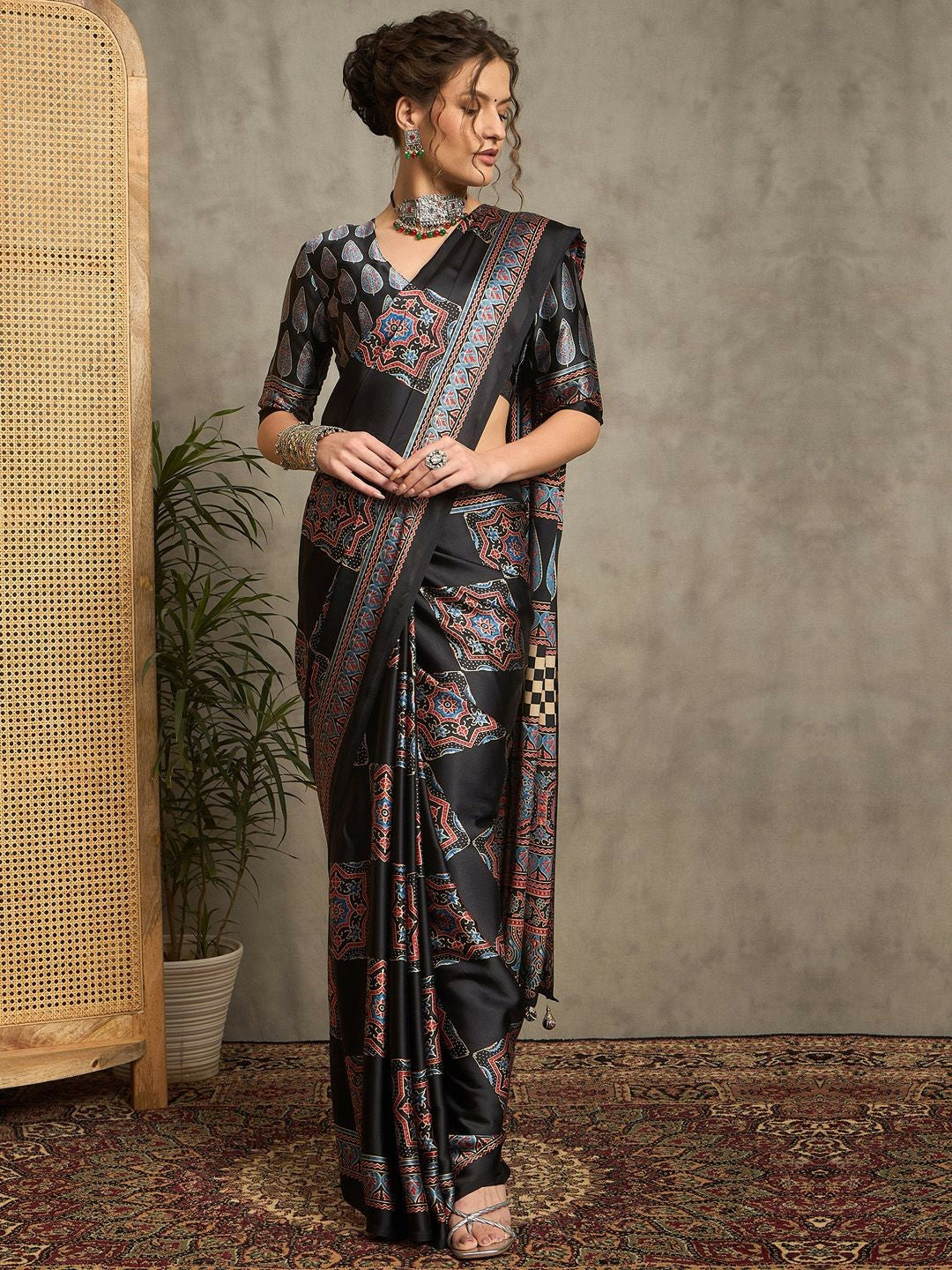 Black & Red Block Print Saree with Solid Border