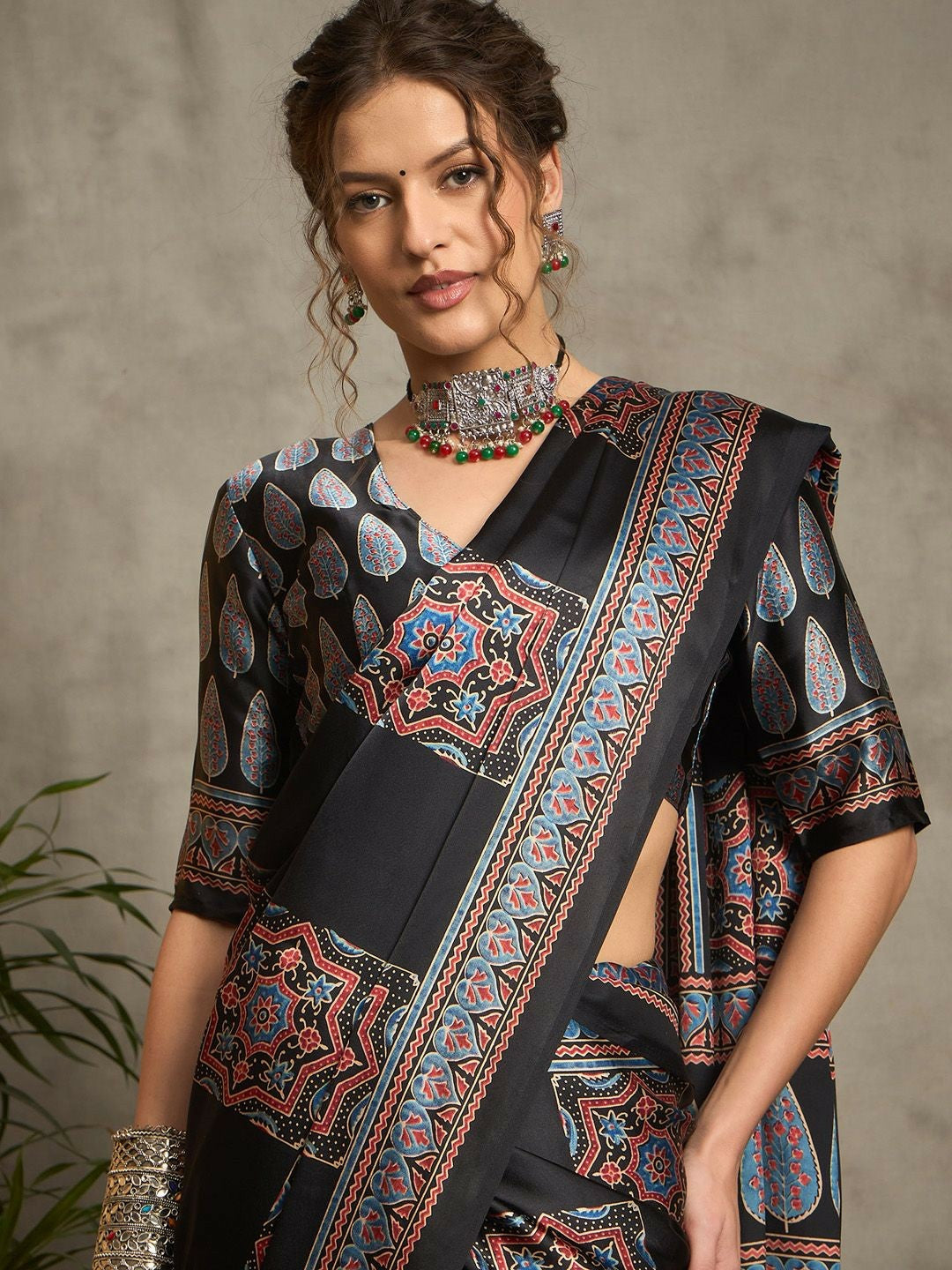 Black & Red Block Print Saree with Solid Border
