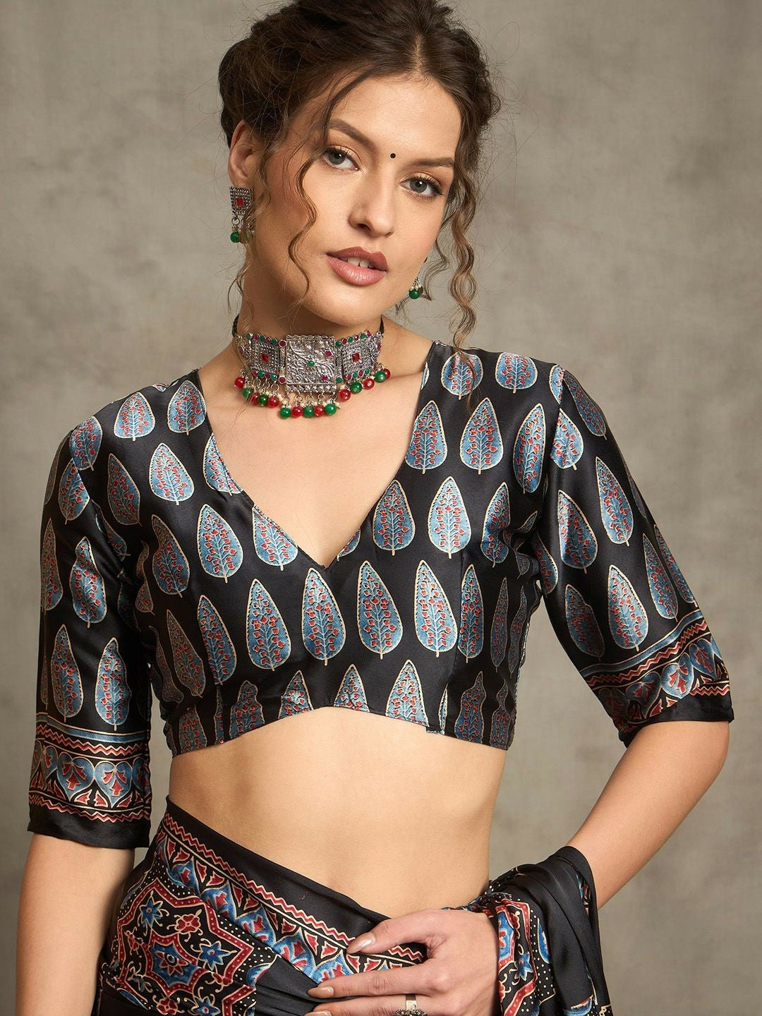 Black & Red Block Print Saree with Solid Border