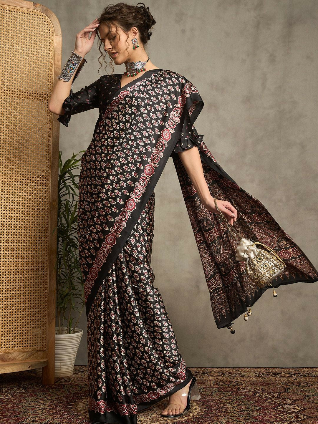Black & Red Block Print Saree with Printed Border