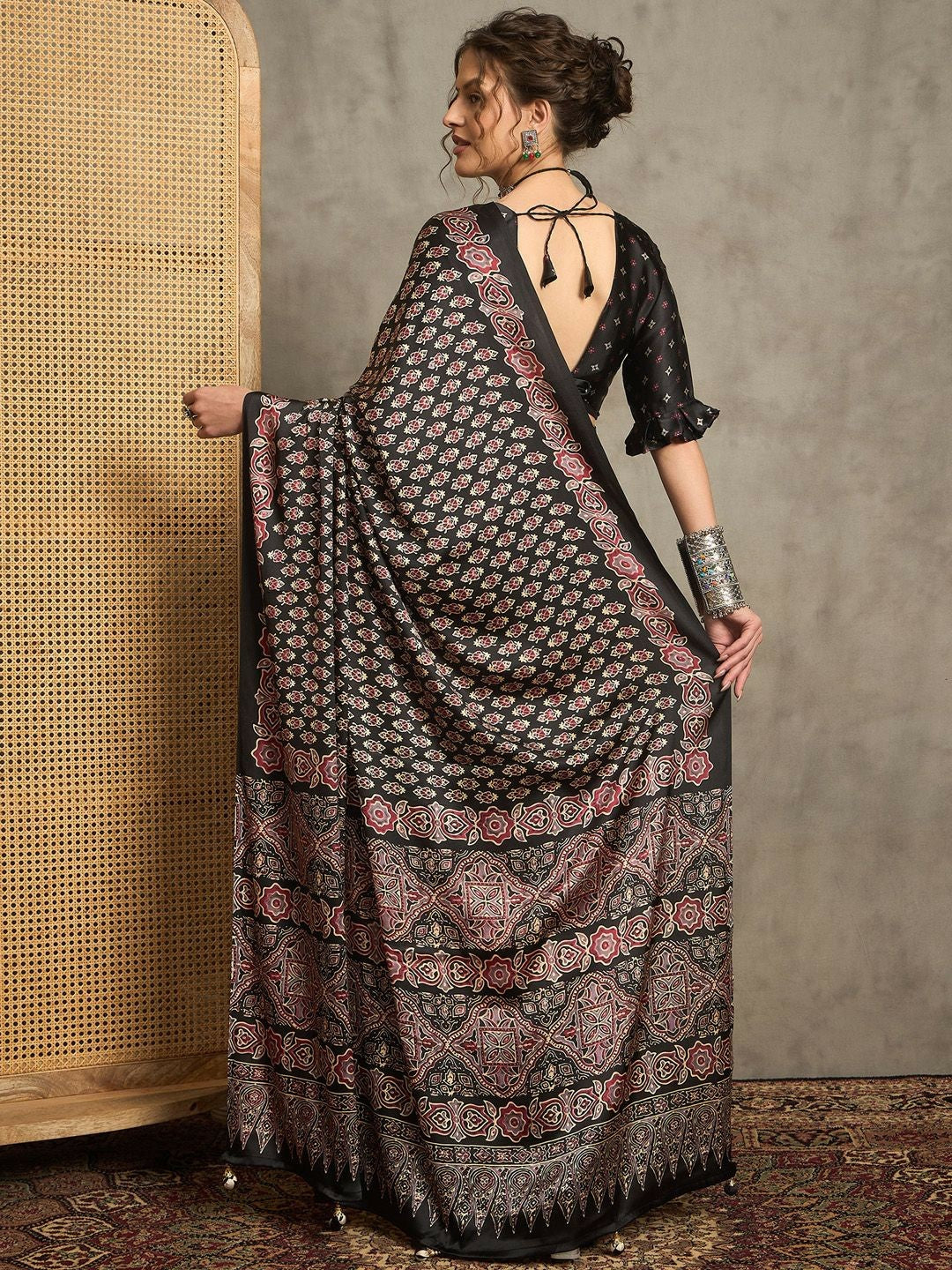 Black & Red Block Print Saree with Printed Border