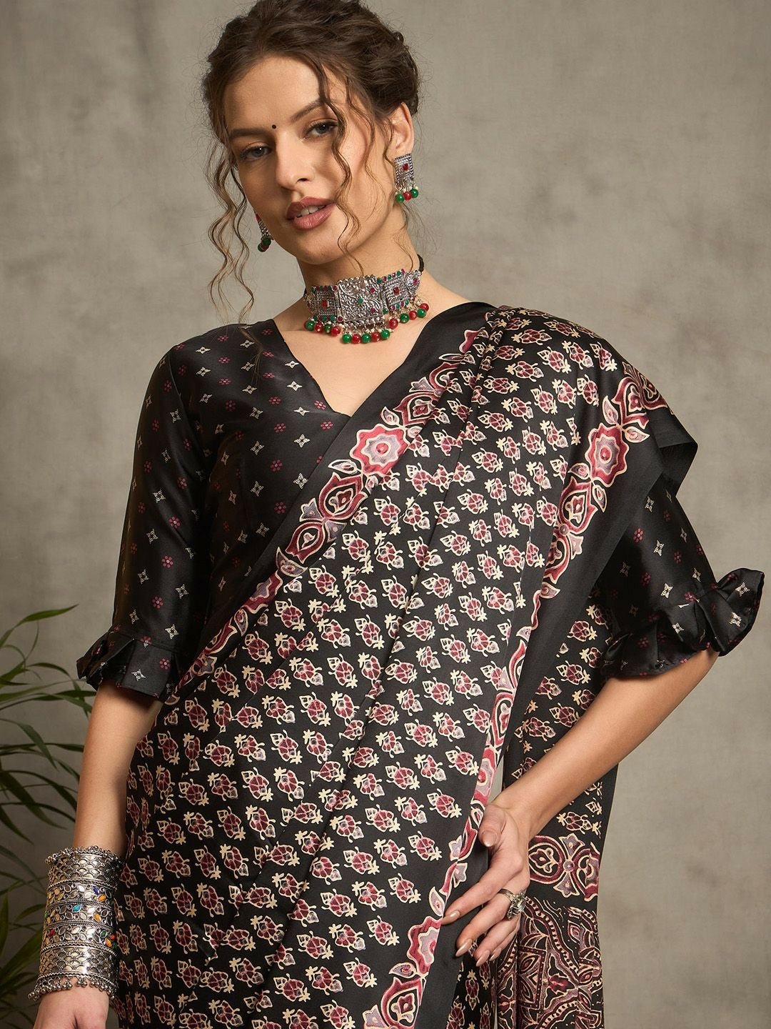 Black & Red Block Print Saree with Printed Border