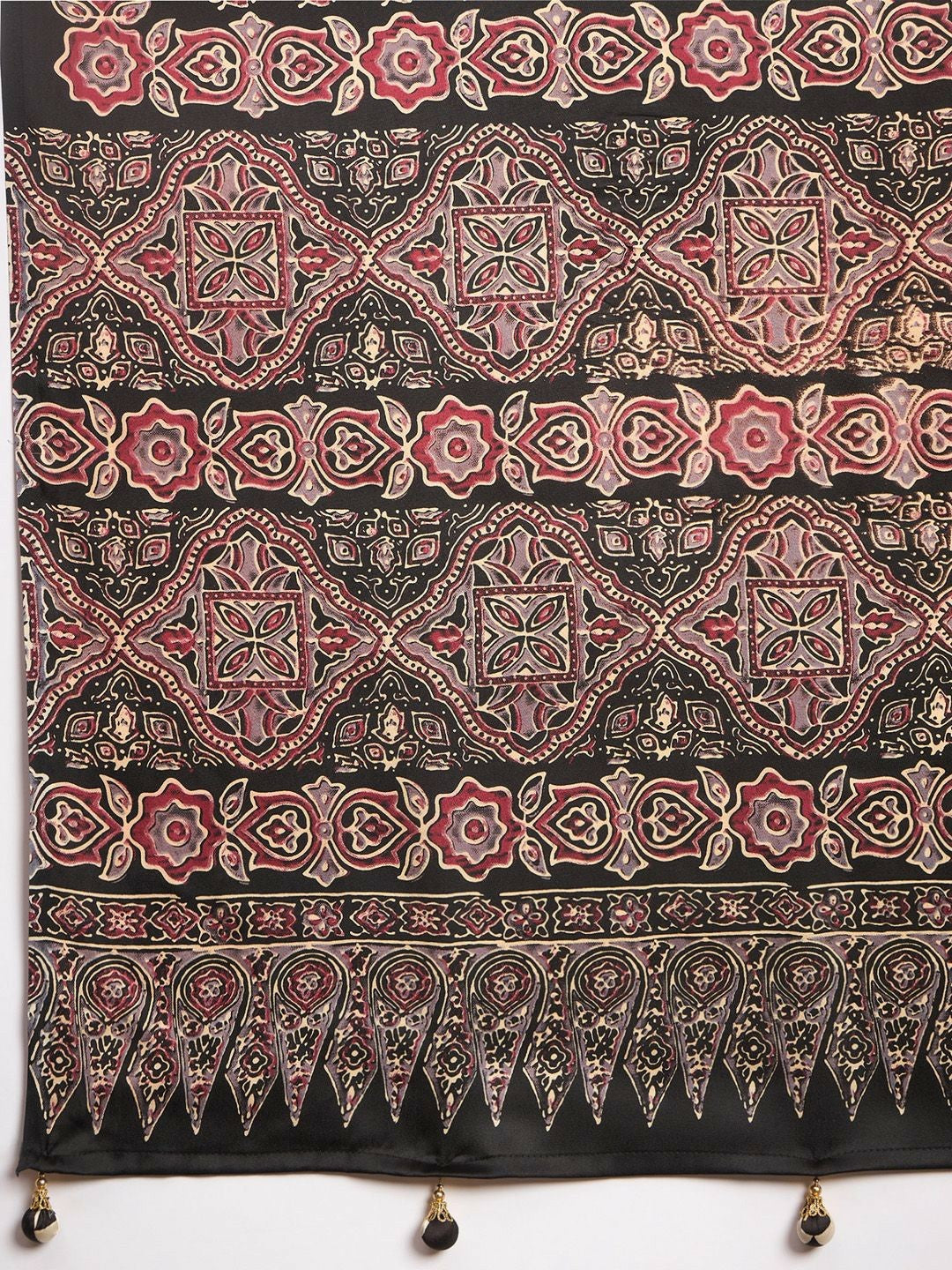 Black & Red Block Print Saree with Printed Border