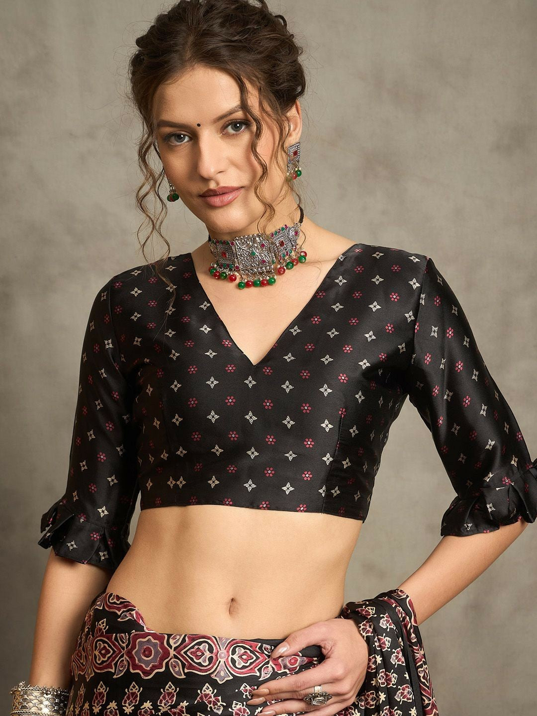 Black & Red Block Print Saree with Printed Border