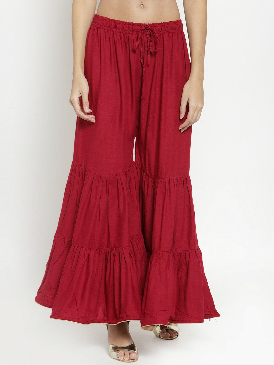 Maroon Boho Harem Pants for Women Flared Tiered Palazzo