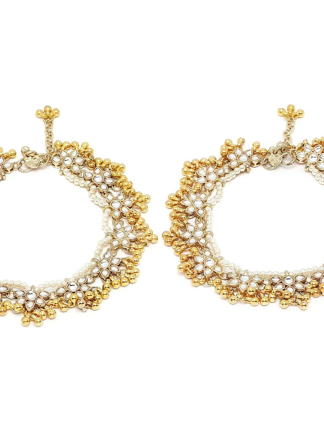 Set of 2 Gold-Plated Kundan Anklets – White Stone Studded Traditional Payal for Women